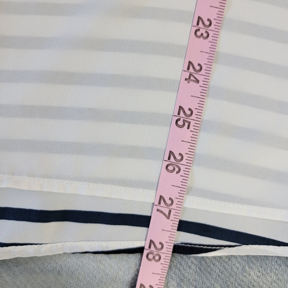 Anne Klein Roll Tab Sleeve Navy Blue White Striped Full Zip Semi Sheer Blouse L - Picture 10 of 11
